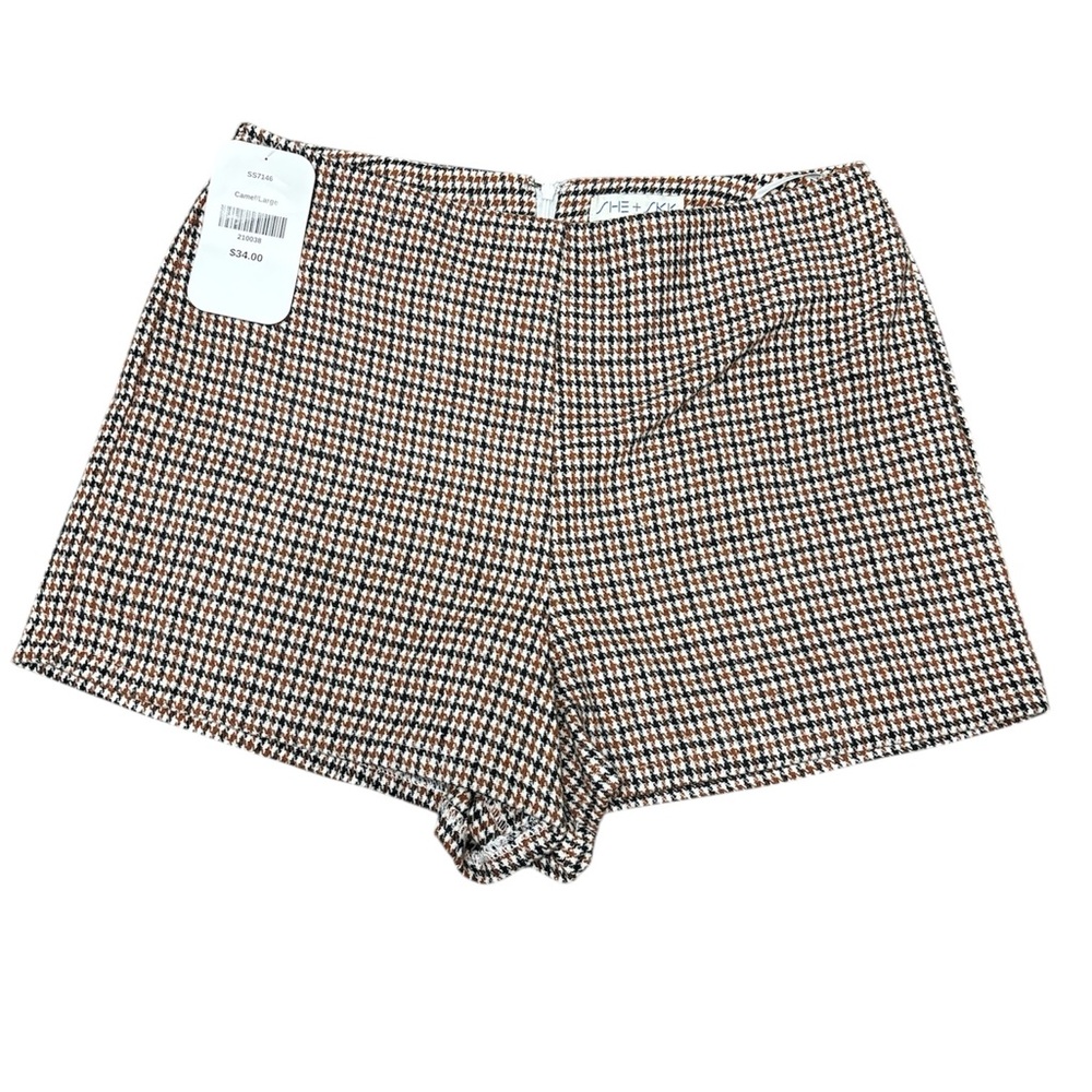 She + Sky Camel Black Houndstooth Plaid Pull On Dress Shorts Ladies Size L NWT